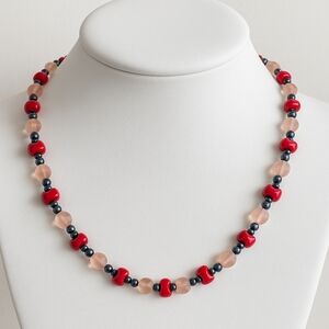 Vintage Red & Pink Beaded Necklace-Boho Statement Piece